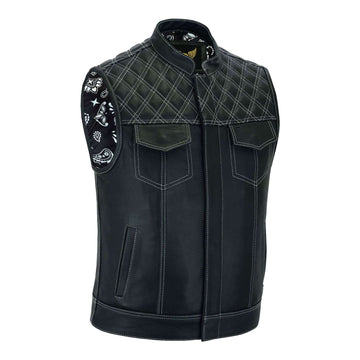 Front view of the SOA Pre White Diamond Waistcoat with white paisley pattern and brass snap closures.